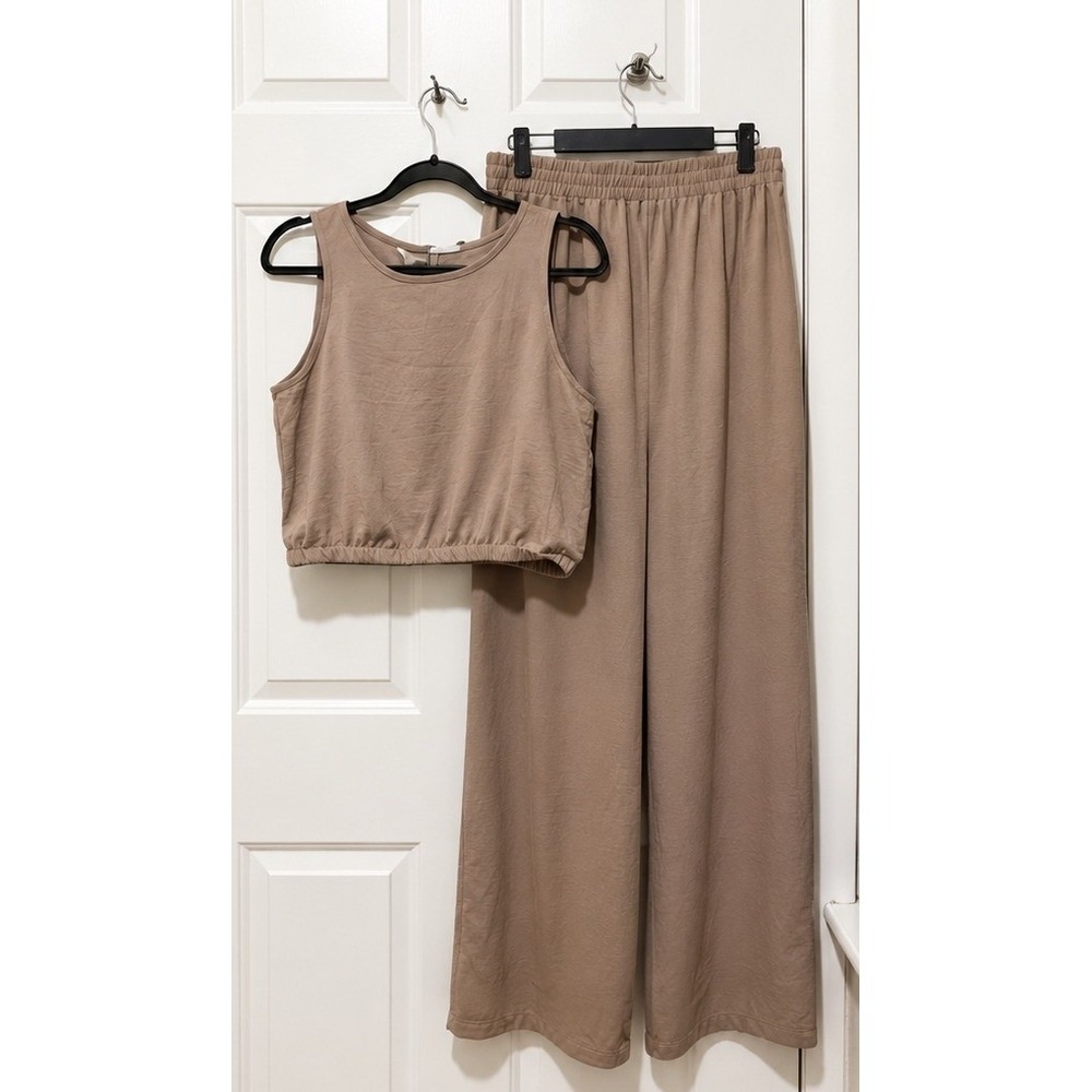 Grecerelle Womens 2 Piece Set Tan Brown Crop Top Wide Leg Pants Size M